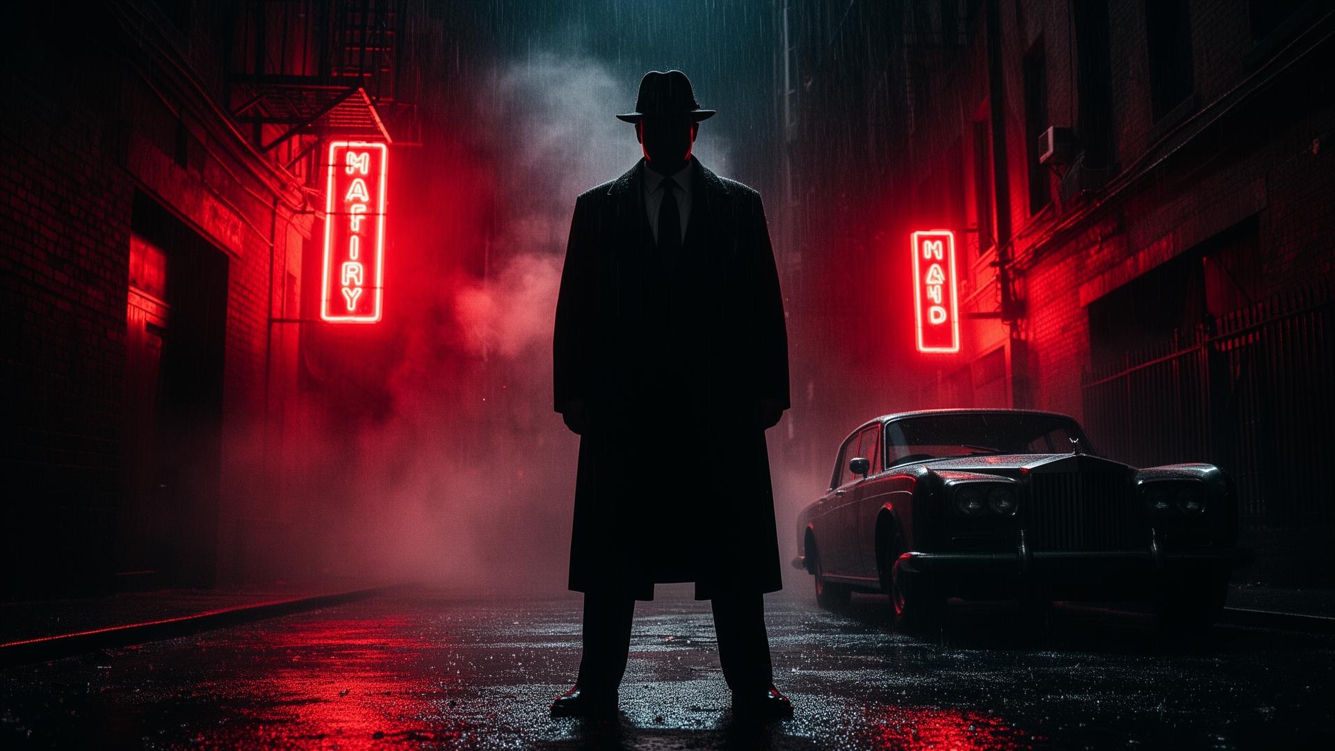 Mafia boss in dark rain-soaked alley with vintage car