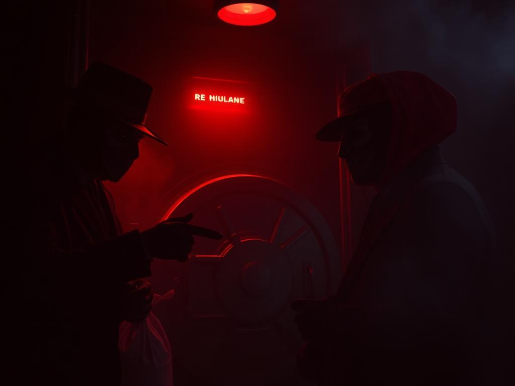 High-stakes heist game with crew planning a bank robbery